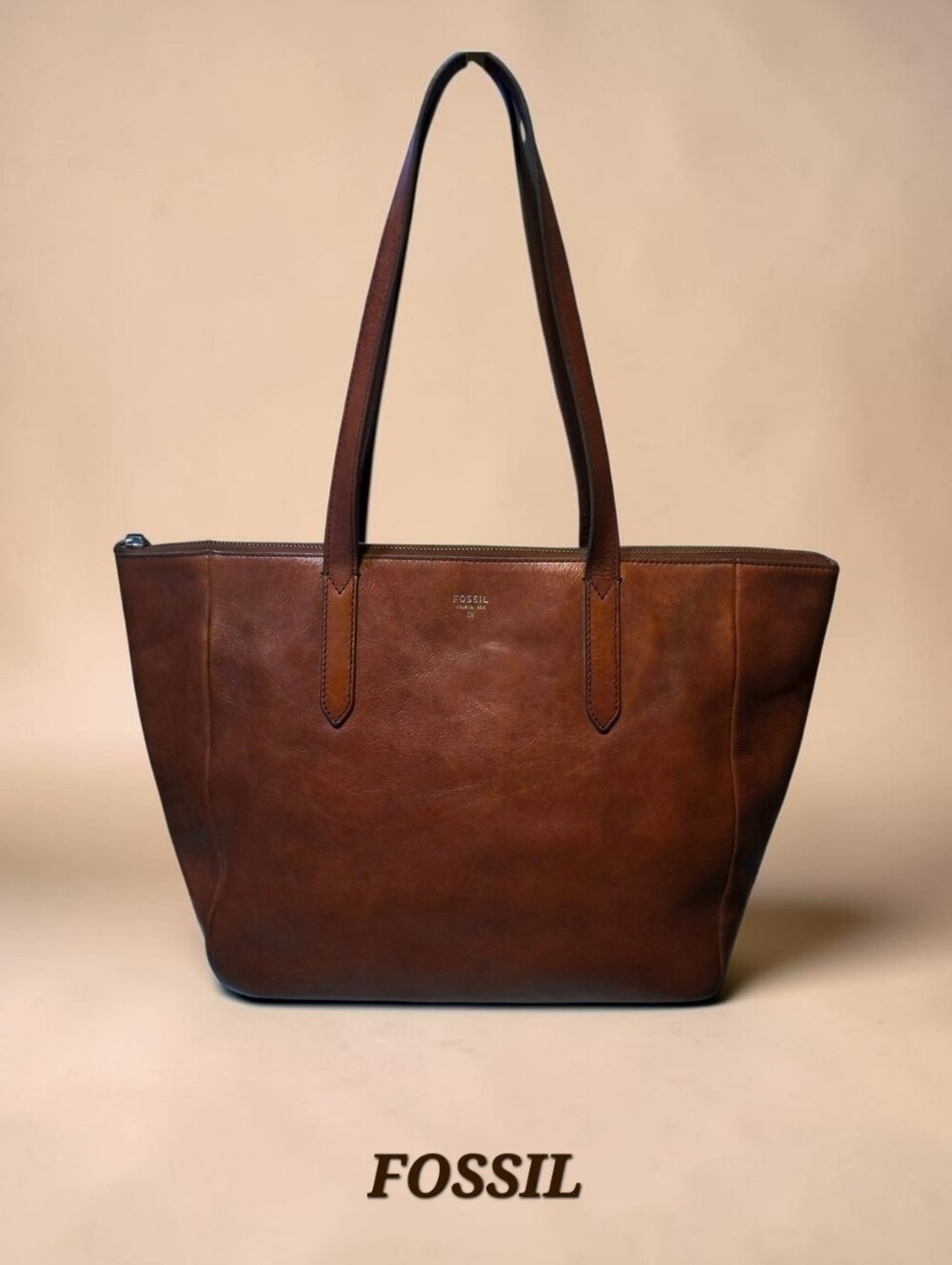 Fossil Sydney Shopper Tote Cognac Brown Leather Zip Top Carryall Pocket Organize